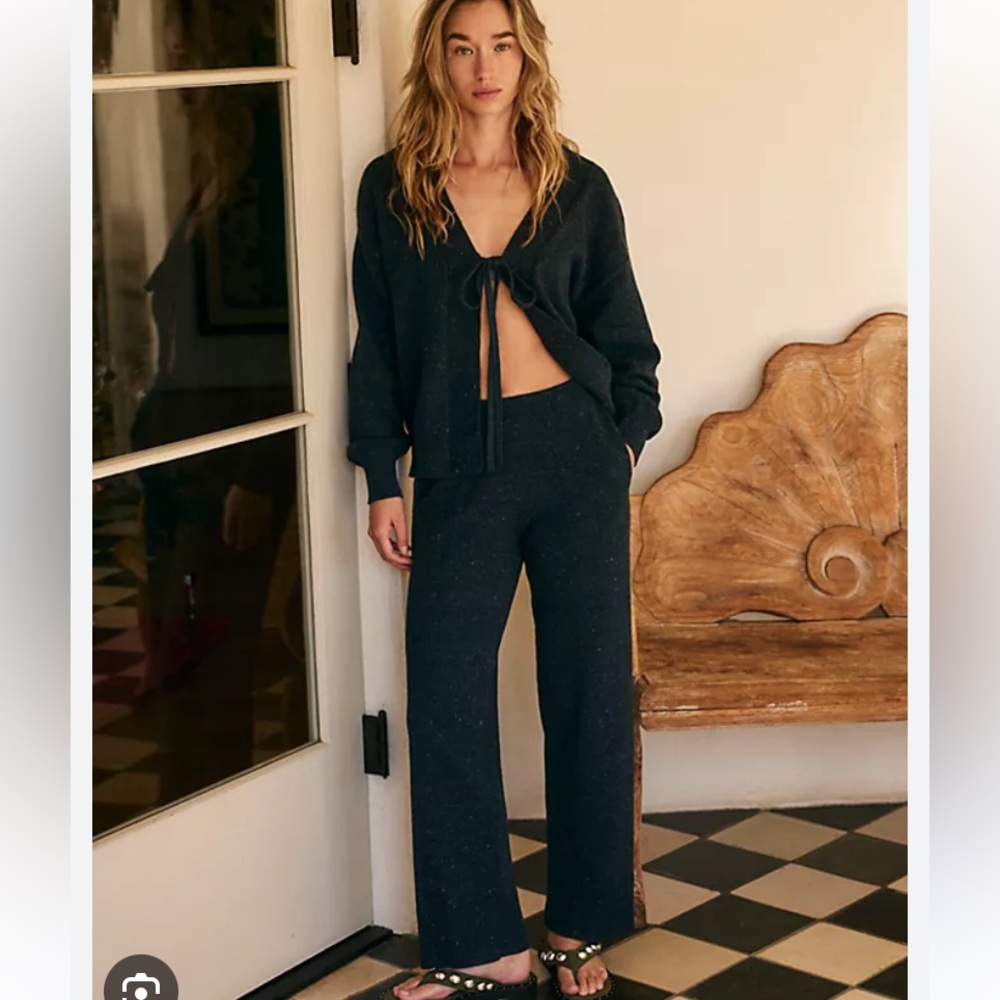 Free People Beach solar Black Knit Pants and Cardigan Sweater Set XS new
